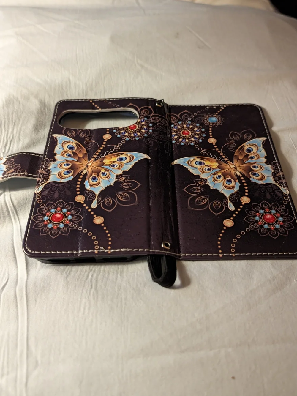 Purple Butterfly Wallet Phone Case with Wrist Strap